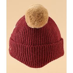 Babyhug Woollen Pom Pom Cap With Bear Design Brown - Diameter 11 cm