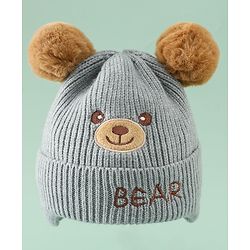 Babyhug Woollen Pom Pom Cap With Bear Design Brown - Diameter 11 cm