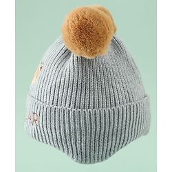 Babyhug Woollen Pom Pom Cap With Bear Design Brown - Diameter 11 cm