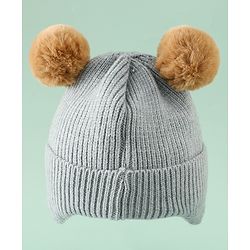 Babyhug Woollen Pom Pom Cap With Bear Design Brown - Diameter 11 cm