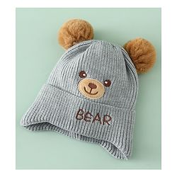 Babyhug Woollen Pom Pom Cap With Bear Design Brown - Diameter 11 cm