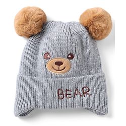 Babyhug Woollen Pom Pom Cap With Bear Design Brown - Diameter 11 cm