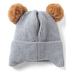 Babyhug Woollen Pom Pom Cap With Bear Design Brown - Diameter 11 cm