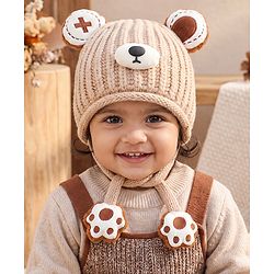 Babyhug Woollen Pom Pom Cap With Bear Design Brown - Diameter 11 cm