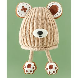 Babyhug Woollen Pom Pom Cap With Bear Design Brown - Diameter 11 cm