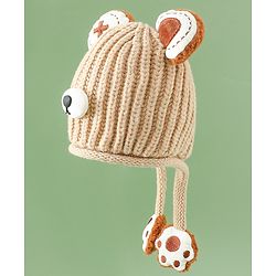Babyhug Woollen Pom Pom Cap With Bear Design Brown - Diameter 11 cm
