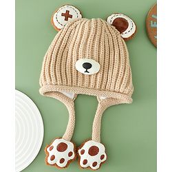 Babyhug Woollen Pom Pom Cap With Bear Design Brown - Diameter 11 cm