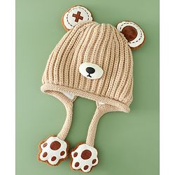 Babyhug Woollen Pom Pom Cap With Bear Design Brown - Diameter 11 cm