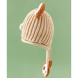 Babyhug Woollen Pom Pom Cap With Bear Design Brown - Diameter 11 cm