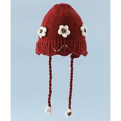 Babyhug Woollen Cap with Knot & Floral Applique Red - Diameter 22.5 cm