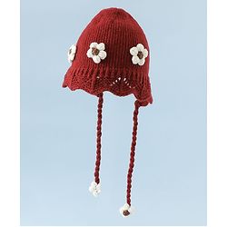 Babyhug Woollen Cap with Knot & Floral Applique Red - Diameter 22.5 cm