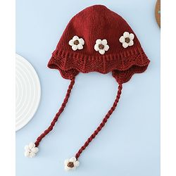 Babyhug Woollen Cap with Knot & Floral Applique Red - Diameter 22.5 cm