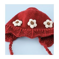 Babyhug Woollen Cap with Knot & Floral Applique Red - Diameter 22.5 cm