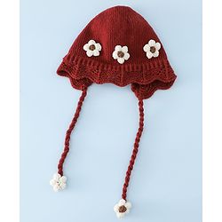 Babyhug Woollen Cap with Knot & Floral Applique Red - Diameter 22.5 cm