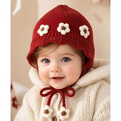Babyhug Woollen Cap with Knot & Floral Applique Red - Diameter 22.5 cm