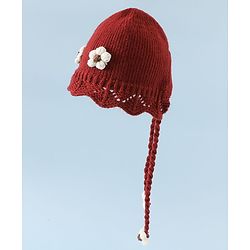 Babyhug Woollen Cap with Knot & Floral Applique Red - Diameter 22.5 cm