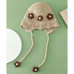 Babyhug Woollen Cap with Knot & Floral Applique Red - Diameter 22.5 cm