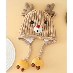 Babyhug Woollen Cap with Knot & Reindeer Applique Beige - Diameter 18 cm