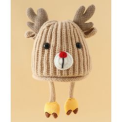 Babyhug Woollen Cap with Knot & Reindeer Applique Beige - Diameter 18 cm