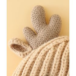 Babyhug Woollen Cap with Knot & Reindeer Applique Beige - Diameter 18 cm
