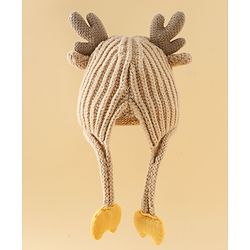 Babyhug Woollen Cap with Knot & Reindeer Applique Beige - Diameter 18 cm