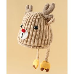 Babyhug Woollen Cap with Knot & Reindeer Applique Beige - Diameter 18 cm