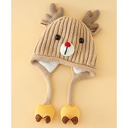 Babyhug Woollen Cap with Knot & Reindeer Applique Beige - Diameter 18 cm
