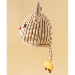 Babyhug Woollen Cap with Knot & Reindeer Applique Beige - Diameter 18 cm