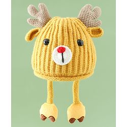 Babyhug Woollen Cap with Knot & Reindeer Applique Beige - Diameter 18 cm