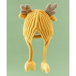 Babyhug Woollen Cap with Knot & Reindeer Applique Beige - Diameter 18 cm