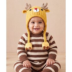 Babyhug Woollen Cap with Knot & Reindeer Applique Beige - Diameter 18 cm