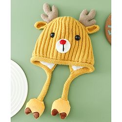 Babyhug Woollen Cap with Knot & Reindeer Applique Beige - Diameter 18 cm