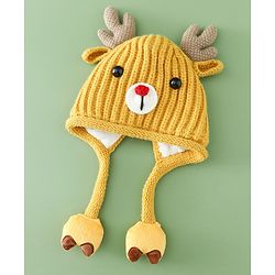Babyhug Woollen Cap with Knot & Reindeer Applique Beige - Diameter 18 cm