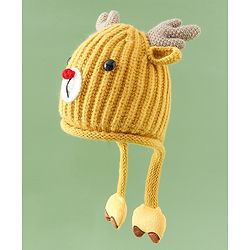 Babyhug Woollen Cap with Knot & Reindeer Applique Beige - Diameter 18 cm