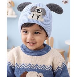 Babyhug Woollen Cap with Ear and Kitten Applique Light Blue - Diameter 19.5 cm