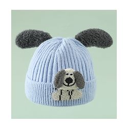Babyhug Woollen Cap with Ear and Kitten Applique Light Blue - Diameter 19.5 cm
