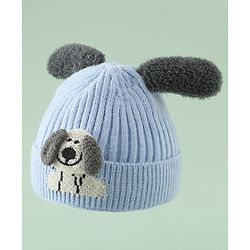 Babyhug Woollen Cap with Ear and Kitten Applique Light Blue - Diameter 19.5 cm
