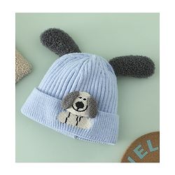 Babyhug Woollen Cap with Ear and Kitten Applique Light Blue - Diameter 19.5 cm