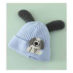 Babyhug Woollen Cap with Ear and Kitten Applique Light Blue - Diameter 19.5 cm