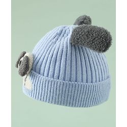 Babyhug Woollen Cap with Ear and Kitten Applique Light Blue - Diameter 19.5 cm