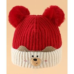 Babyhug Woollen Pom Pom Cap With Puppy Design Red - Diameter 11 cm