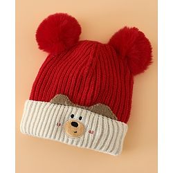 Babyhug Woollen Pom Pom Cap With Puppy Design Red - Diameter 11 cm