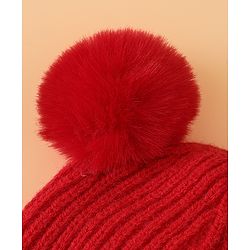 Babyhug Woollen Pom Pom Cap With Puppy Design Red - Diameter 11 cm