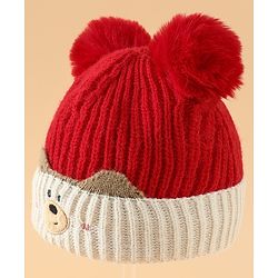 Babyhug Woollen Pom Pom Cap With Puppy Design Red - Diameter 11 cm