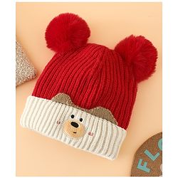 Babyhug Woollen Pom Pom Cap With Puppy Design Red - Diameter 11 cm