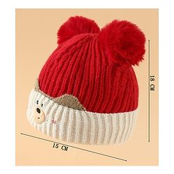 Babyhug Woollen Pom Pom Cap With Puppy Design Red - Diameter 11 cm