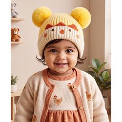 Babyhug Woollen Pom Pom Cap With Puppy Design Red - Diameter 11 cm