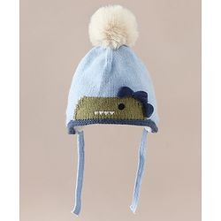 Babyhug Woollen Cap with Pom Pom & Knot with Crocodile Design & Applique Light Blue - Diameter 21 cm