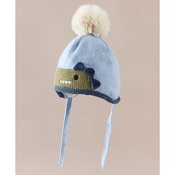 Babyhug Woollen Cap with Pom Pom & Knot with Crocodile Design & Applique Light Blue - Diameter 21 cm