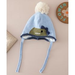Babyhug Woollen Cap with Pom Pom & Knot with Crocodile Design & Applique Light Blue - Diameter 21 cm
